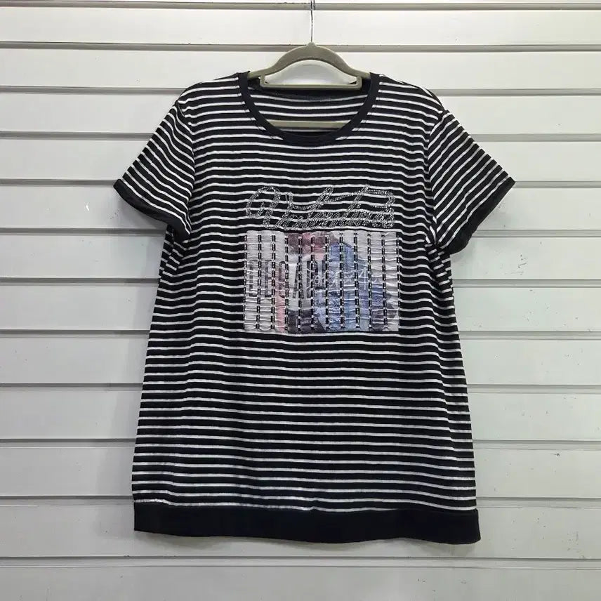[BUNJANG] Stripe Cubic Round Neck T-Shirt / 스트라이프  큐빅장식 여성 라운드티 77/보물찾기천사