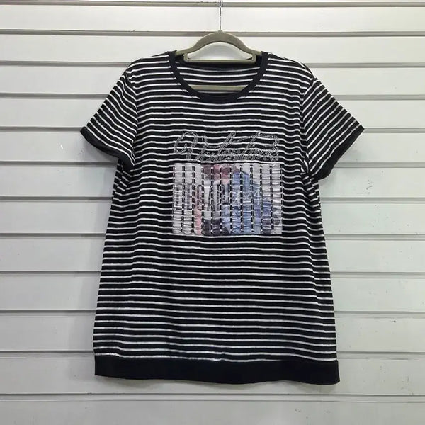 [BUNJANG] Stripe Cubic Round Neck T-Shirt / 스트라이프  큐빅장식 여성 라운드티 77/보물찾기천사