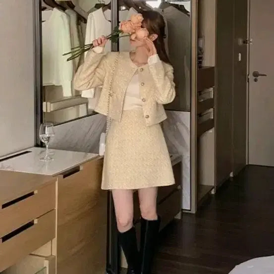[BUNJANG] Benito Wool Tweed Setup Set - Honey Beige / (실착 2회) 베니토 울 트위드 셋업 허니베이지