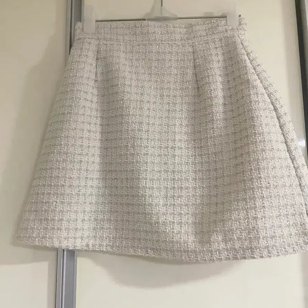 [BUNJANG] Ivory Tweed Pearl Mini Skirt / 수입의류 아이보리 트위드 스커트 펄 미니 치마