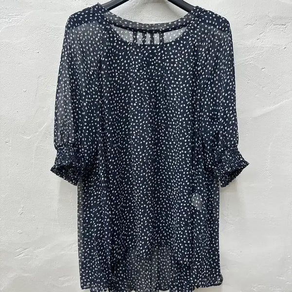 [BUNJANG] Satin Sheer Half-Sleeve Blouse Navy Pattern / [상태최상] 샤틴 상의 여성 블라우스 네이비패턴 시스루 반팔 F