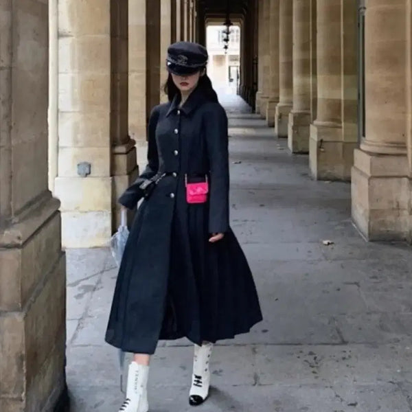[BUNJANG] Seocookie Herringbone Pleated Long Coat / 서쿠키 해링본 플리츠 롱코트