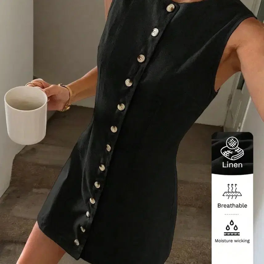 [BUNJANG] Linen Button Sleeveless Dress (Black) / 린넨 버튼 나시 원피스 (블랙/새상품)