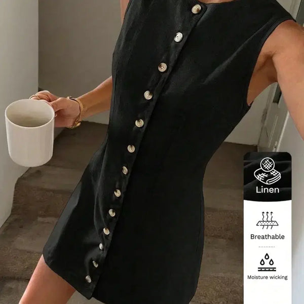 [BUNJANG] Linen Button Sleeveless Dress (Black) / 린넨 버튼 나시 원피스 (블랙/새상품)