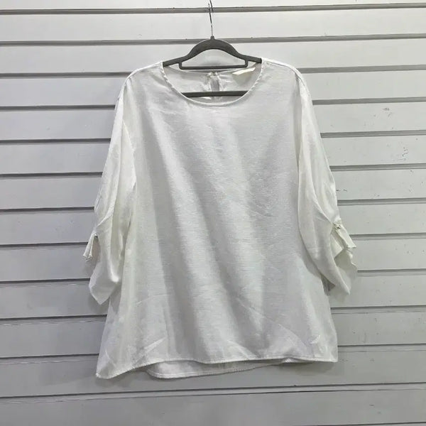[BUNJANG] White 3/4 Sleeve Pearl Embellished Blouse / 화이트  칠부소매 진주장식  블라우스/보물찾기천사