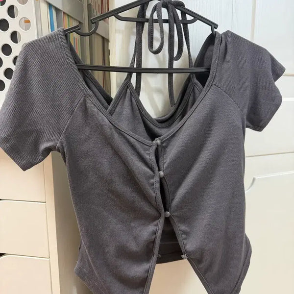 [BUNJANG] Gray Cropped Sleeveless Top with Integrated Bra / 그레이 크롭 나시 일체형