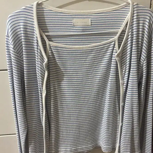 [BUNJANG] Striped Sleeveless Top and Cardigan Set / 스트라이프 민소매 나시 가디건 세트