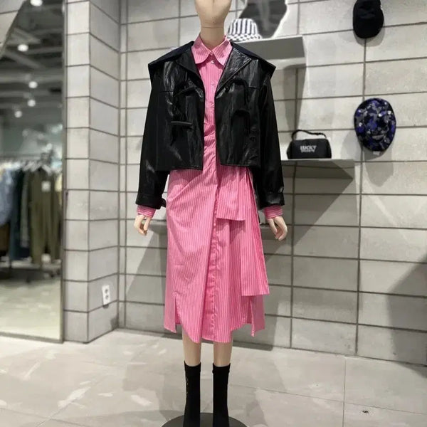 [BUNJANG] Lucky Chouette Denim Sailor Toggle Faux Leather Jacket / 럭키슈에뜨 데님 세일러 토글 장식 인조가죽 자켓
