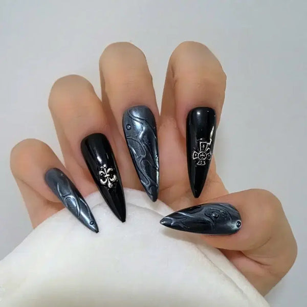 [BUNJANG] Handmade Silver Black "Iron Taste" Nail Tips / 수제 실버블랙 쇠맛네일팁