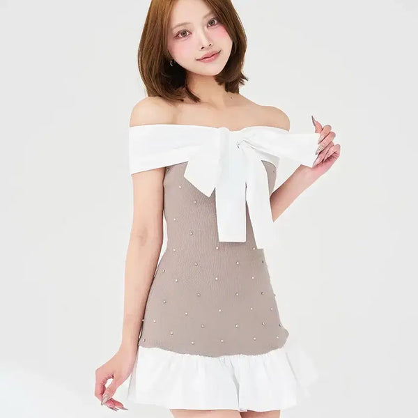 [BUNJANG] Darich Off-Shoulder Frill Knit Mini Dress / Darich 다리치 펄 비쥬 오프숄더 프릴 니트 미니 원피스 / 일브 스나계 참전복 양지뢰 양산형