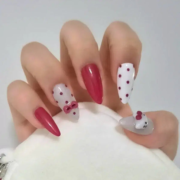 [BUNJANG] Handmade Dot Ribbon Kitty Nail Tips / 수제 도트 리본 키티네일팁