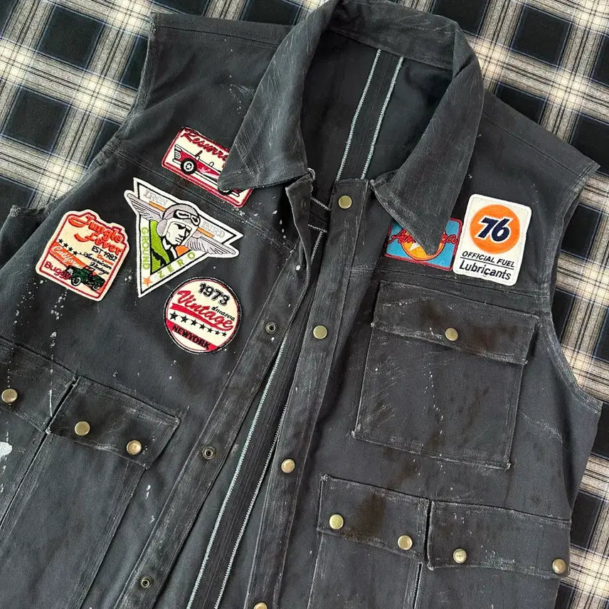 [BUNJANG] Patchwork Workwear Motorcycle Vest / 패치워크 정크 워크웨어 모터사이클 베스트