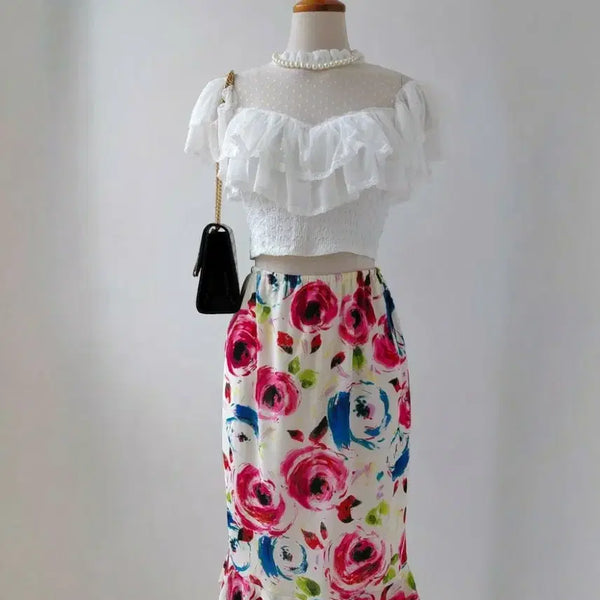 [BUNJANG] Flower Pattern Ruffle Skirt / 플라워 패턴 프릴 스커트 장미