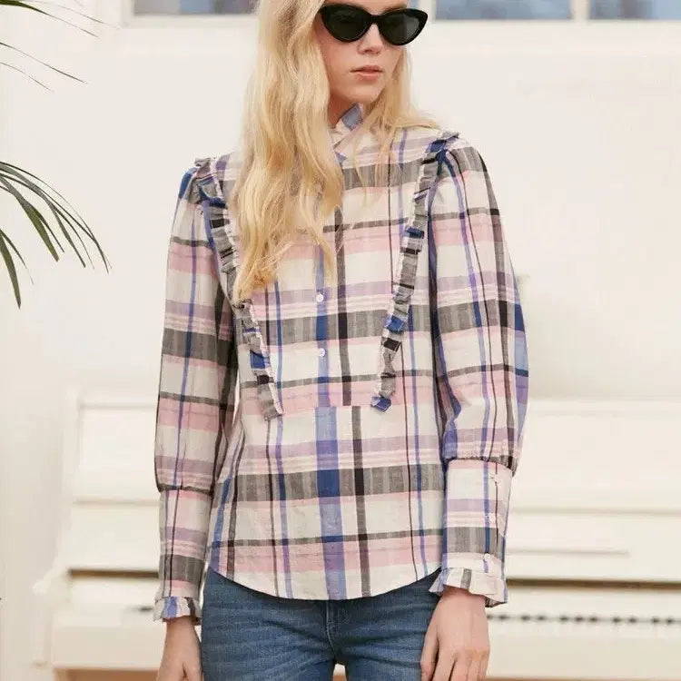 [BUNJANG] Claudie Pierlot Check Linen Blouse Size 36 / 끌로디피에로 체크 린넨 블라우스 36