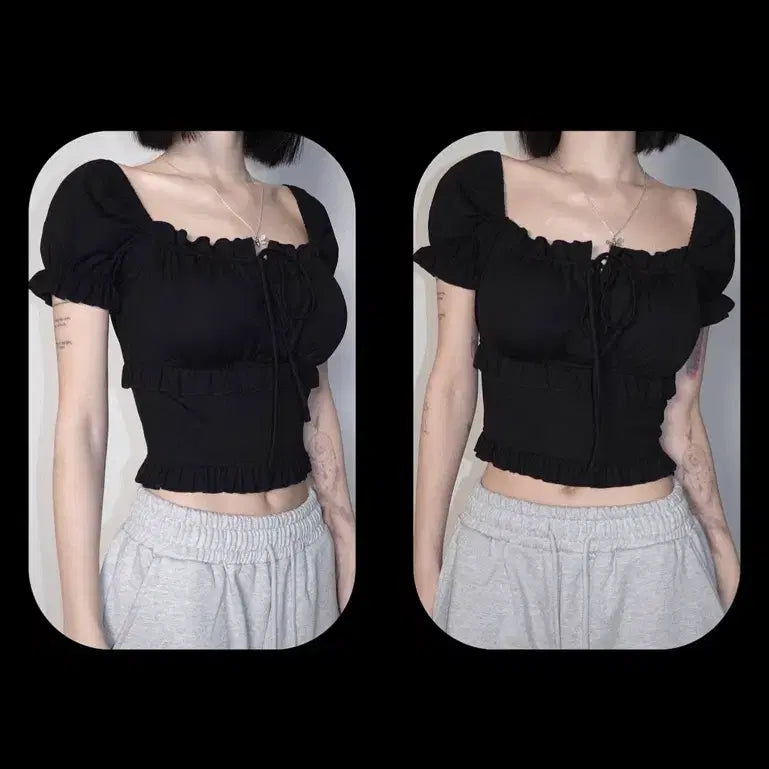 [BUNJANG] Fade It Black Crop Puff Blouse / 페일제이드 크롭퍼프 블라우스 블랙