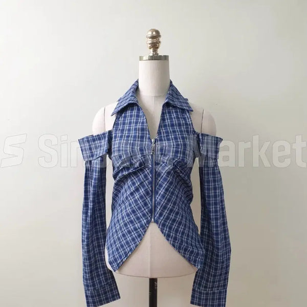[BUNJANG] Kara Neck Zip-Up Blouse Slim Fit / [빠른발송] 카라 넥집업 블라우스 슬림핏