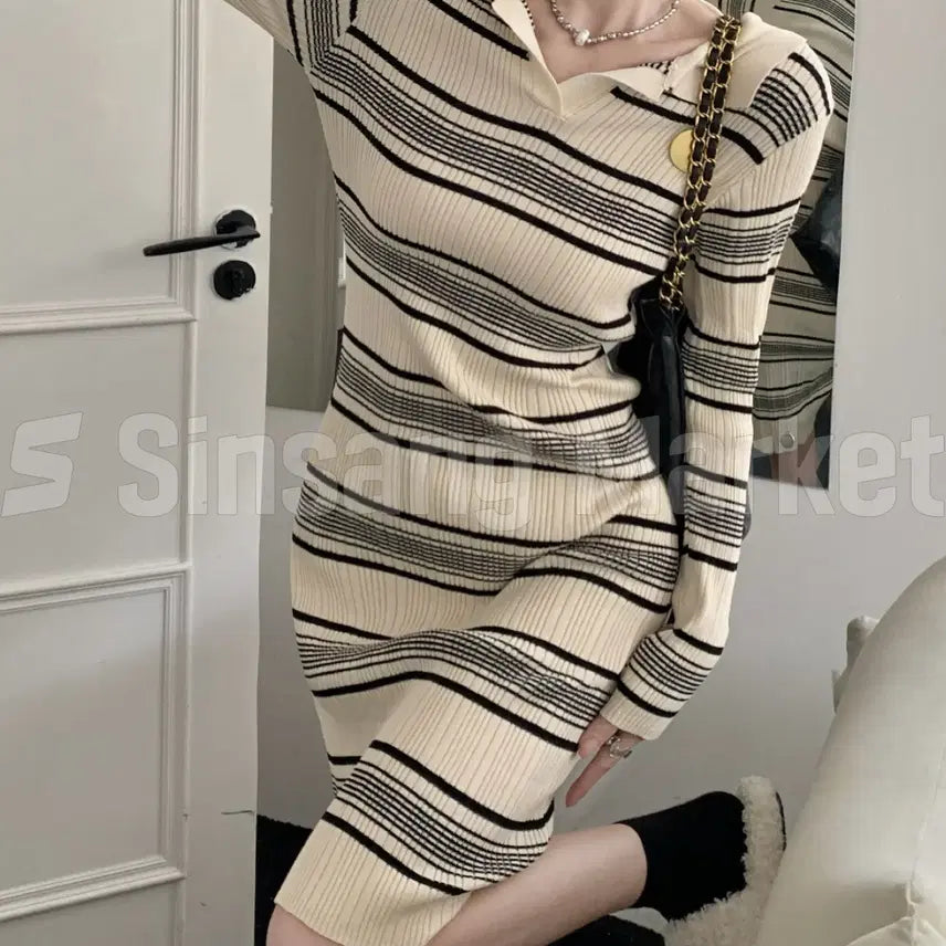 [BUNJANG] KARINECK Midi Striped Knit Dress / [빠른발송] 카리넥 미디 원피스 단가라 니트원피스 데일리