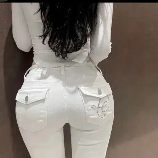 [BUNJANG] Fil Melange White Back Pocket Low Bootcut Pants / 필멜란지 화이트 백포켓 로우 부츠컷 팬츠 새상품
