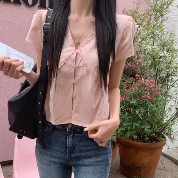 [BUNJANG] RuannMerry Ruby Lace V-Neck Blouse / (배포 새상품) 루앤메리 루비 레이스 브이넥 블라우스