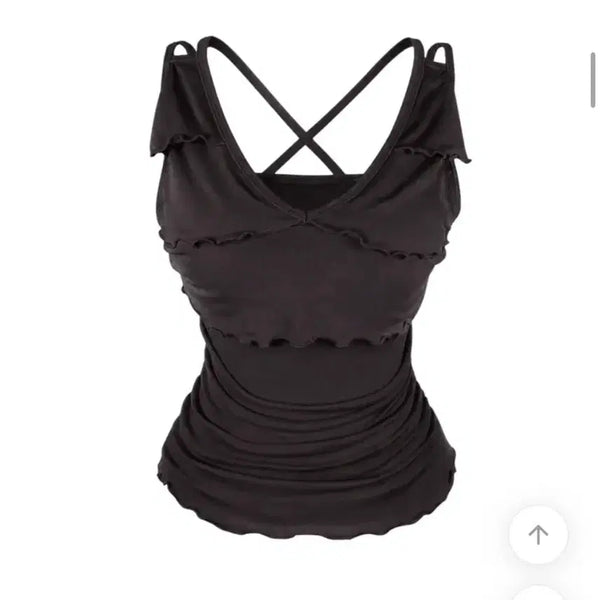 [BUNJANG] Ablley Shirring Frill Sleeveless Top / 에이블리 딥브라운 셔링 프릴 나시탑