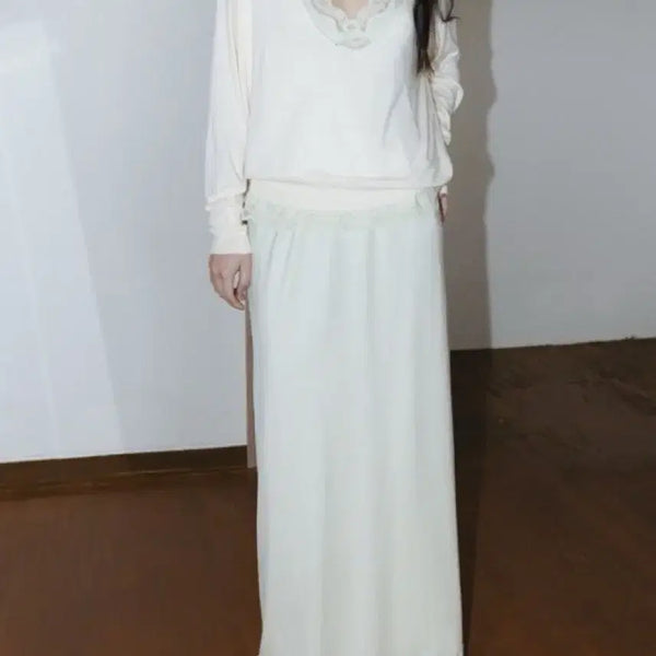 [BUNJANG] MONOHA Lace-Trim Flowing Jersey & Deep V-neck Knit Set / 모노하 MONOHA Lace-Trim Flowing Jersey SET(melon cream) + Deep V-neck Knit SET(ivory)