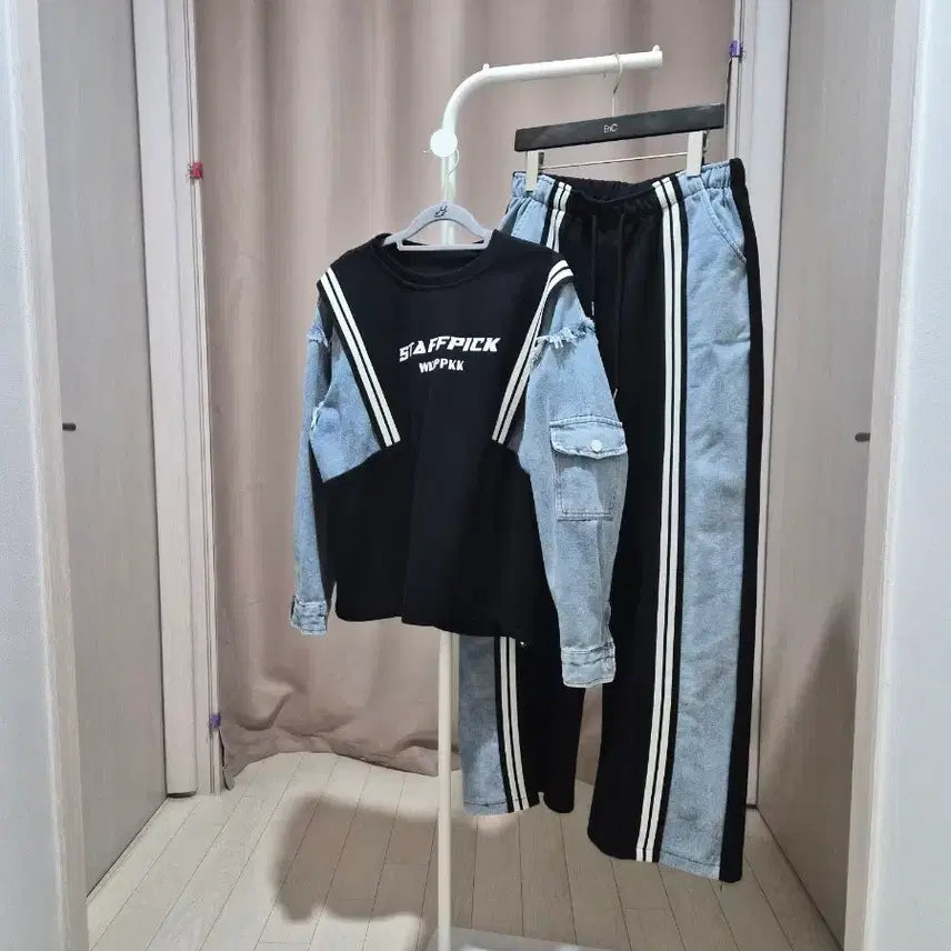 [BUNJANG] Two-Tone Color Block Denim Outfit Set / 투톤 배색 데님 조합 의류 세트.새상품