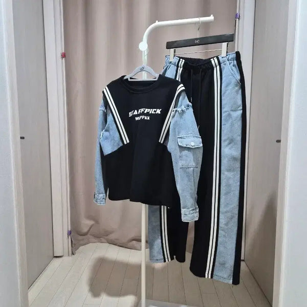 [BUNJANG] Two-Tone Color Block Denim Outfit Set / 투톤 배색 데님 조합 의류 세트.새상품