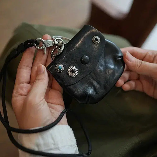 [BUNJANG] Black Leather Coin Pouch Strap Keychain / 가죽 동전 지갑 스트랩 키링 블랙