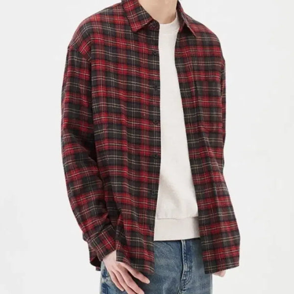 [BUNJANG] TOPTEN Oversized Red Check Flannel Shirt / 탑텐 오버사이즈 플란넬 레드 체크 셔츠 L