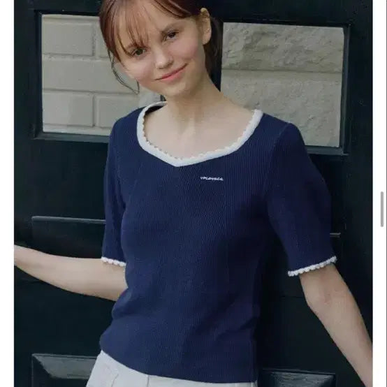 [BUNJANG] BocaBoca Heart Neck Knit Navy S / [품절템] 보카바카 하트넥 니트 네이비 S