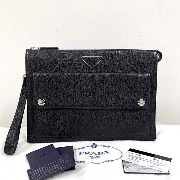 [BUNJANG] Prada Strap Leather Clutch Bag Black (2VF018) / 프라다 스트랩 레더 클러치백 블랙 (2VF018)