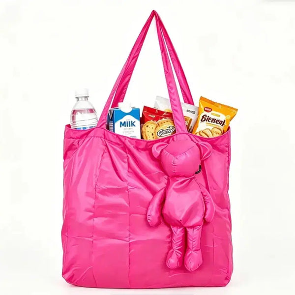 [BUNJANG] Pink Teddy Bear Quilting Tote Bag / 핑크색 곰돌이 키링 퀼팅 토트백