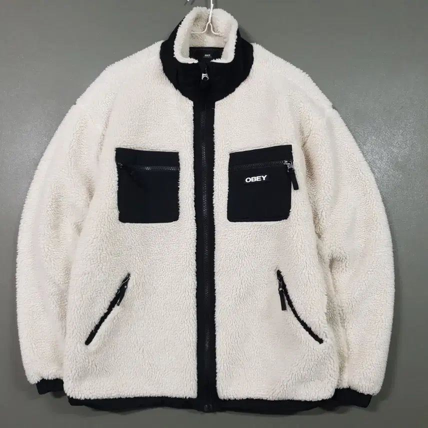 [BUNJANG] OBEY Sherpa Zip-Up Jacket White/Black (M) / 실측 M) OBEY 오베이 아웃데어 양털 쉐르파 집업 자켓 화이트 블랙