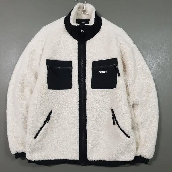 [BUNJANG] OBEY Sherpa Zip-Up Jacket White/Black (M) / 실측 M) OBEY 오베이 아웃데어 양털 쉐르파 집업 자켓 화이트 블랙