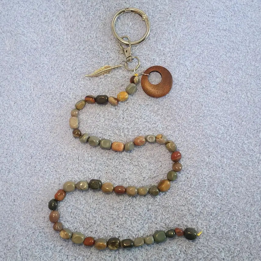 [BUNJANG] Bohemian Gemstone Feather Wood Ring Long Keyring / [새상품] 보헤미안 원석 페더 우드링 롱 키링 열쇠고리 키체인