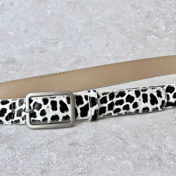 [BUNJANG] Spotted Cow Print Chrome Square Buckle Western Belt / 스포티드 카우 얼룩 프린팅 크롬 스퀘어 버클 웨스턴 벨트