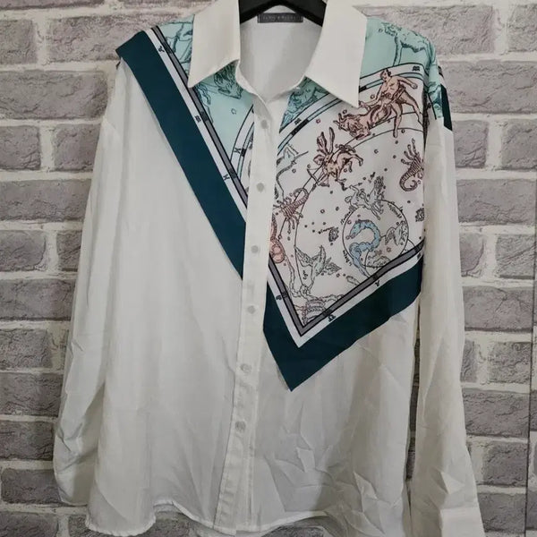 [BUNJANG] Reneissance Mackoy Printed Color-Block Blouse / 르니앤맥코이 프린트 배색 블라우스/알뜰한여우