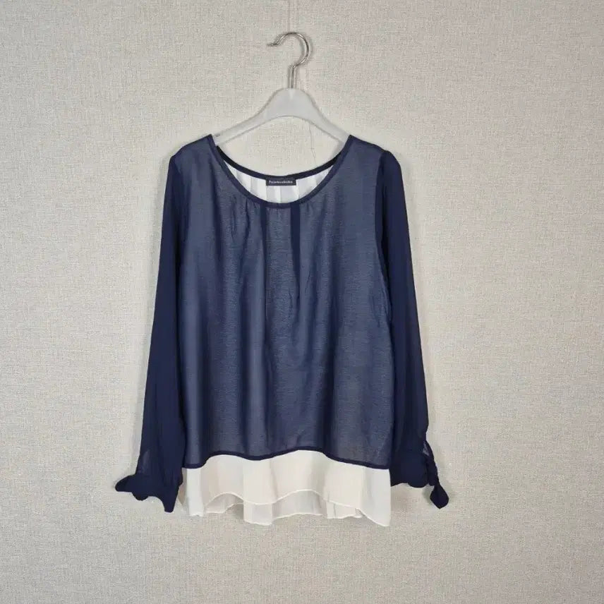 [BUNJANG] Navy Ivory Double Chiffon Long Sleeve Blouse / (#77,날씬88추천)네이비아이보리 이중쉬폰 긴팔 블라우스