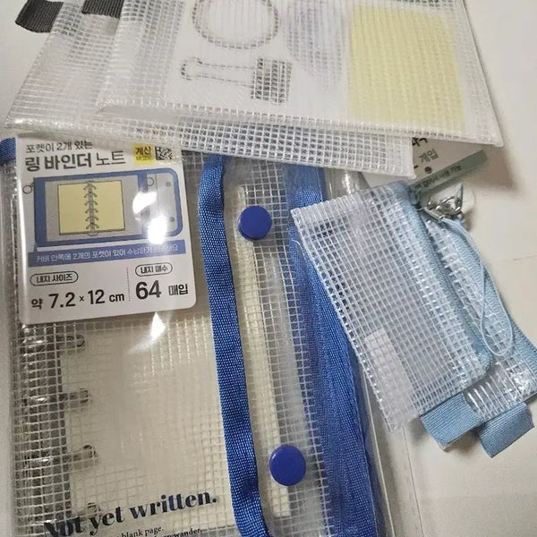 [BUNJANG] Mesh Pouch Set with Ring Binder Notebook / 메쉬망커버 링바인더노트 파우치세트 미니문구