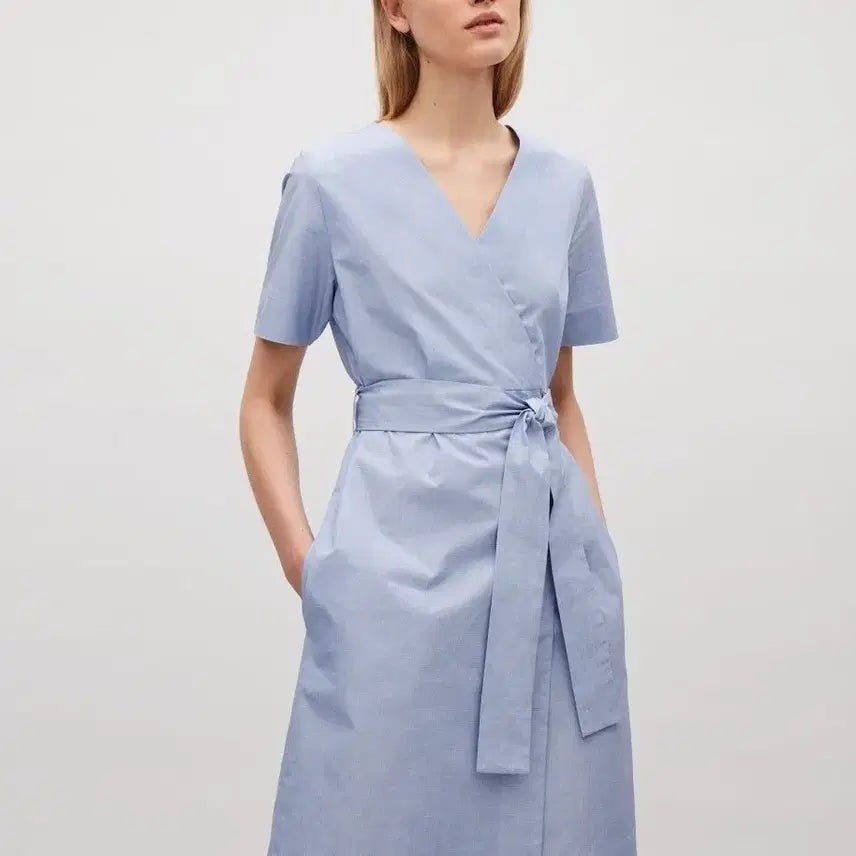 [BUNJANG] COS Wrap-Over Cotton Midi Dress Light Blue / COS 코스 170/96A 랩 드레스 W-원피스-408