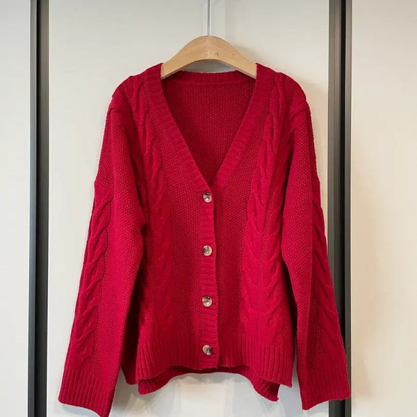 [BUNJANG] Cable Knit Cardigan Red / 꽈배기 니트 가디건 레드