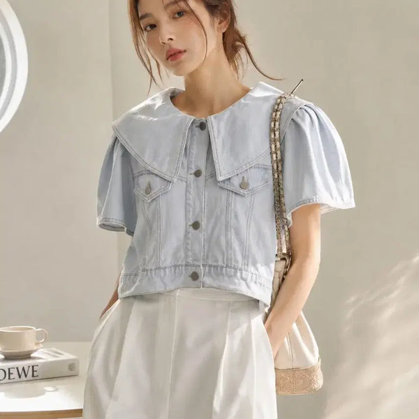 [BUNJANG] Denim Sailor Collar Puff Short Sleeve Crop Jacket / 데님 쎄일러 카라 퍼프 반팔 크롭 연청자켓