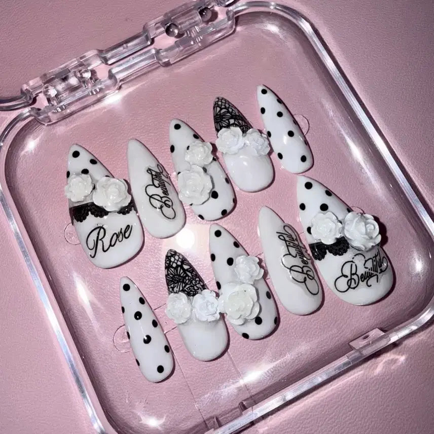 [BUNJANG] Handmade White Dot Rose Nail Tips (Custom Order) / 화이트 도트 수제네일팁 주문제작 판매 장미
