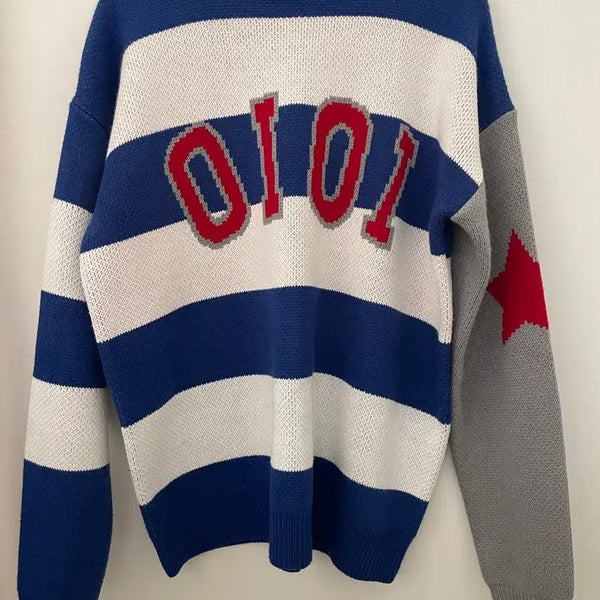[BUNJANG] Striped Knit Sweater with '1010' Number Detail / [L] 가단 63 총장 73 팔길이 61