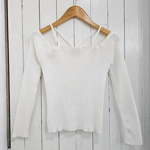 [BUNJANG] Women's Ribbed Knit Long Sleeve Top / 여성 골지 티셔츠 Free 화이트 슬림핏 긴팔 골지니트 봄 가을 간절기 오프숄더 티