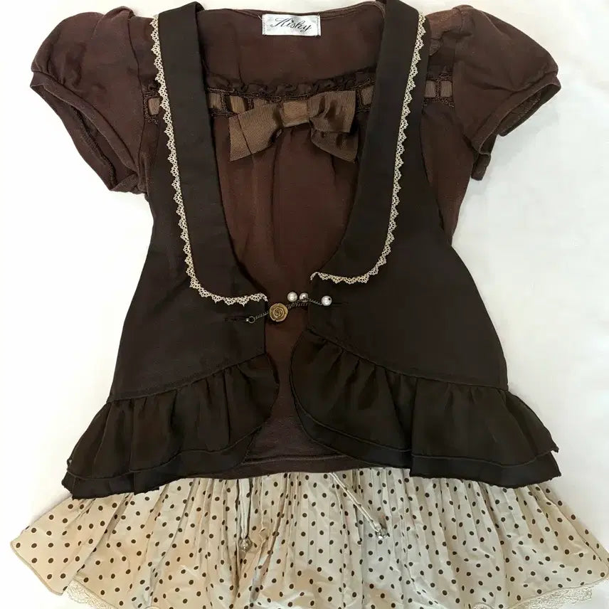 [BUNJANG] Axis Farm Choco Brown Ribbon Short Sleeve Vest Set / 엑시즈팜 초코 브라운 리본 반팔 베스트 세트 라떼갸루 히메갸루 히메카지