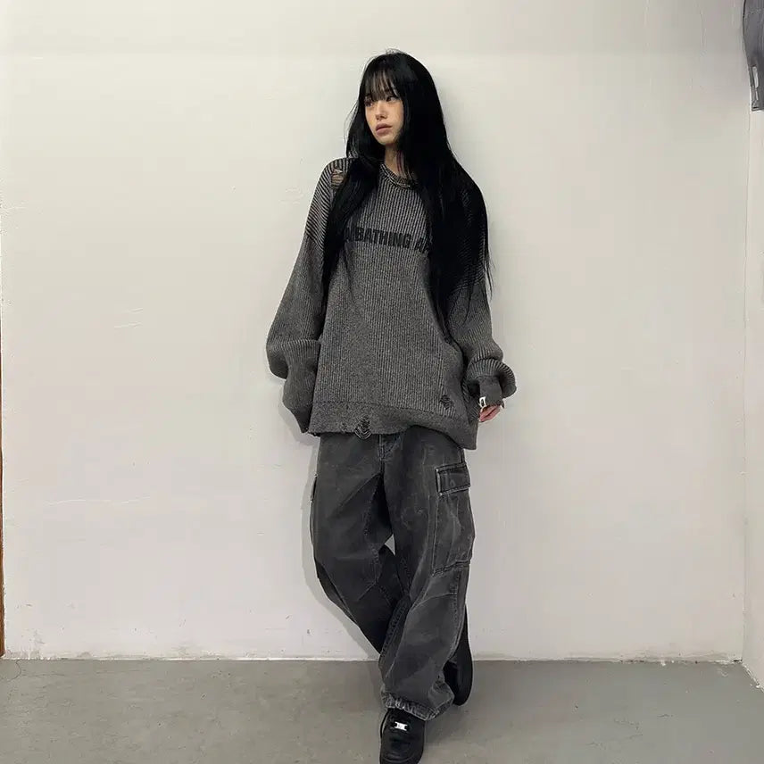 [BUNJANG] A BATHING APE Damage Relaxed Fit Pullover Knit Sweater / A BATHING APE Damage Relaxed Fit Sweater