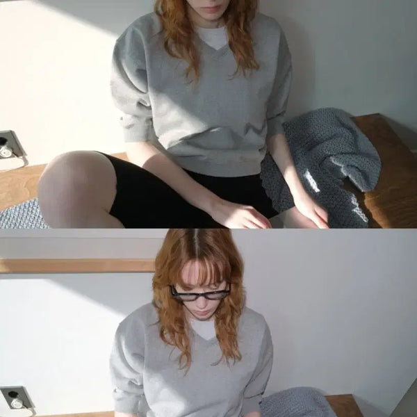 [BUNJANG] 108Pounds V-Neck Sweatshirt Melange Gray / 108파운드 half V MTM_ melange gray