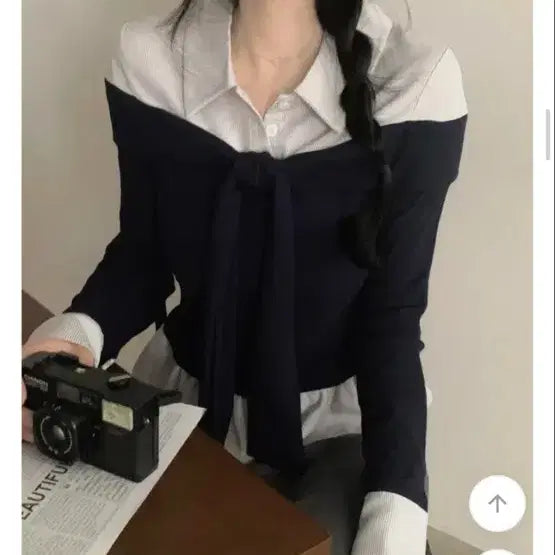 [BUNJANG] Navy Stripe Button Long Sleeve T-Shirt / 에이블리 네이비 스트라이프 버튼 긴팔티셔츠