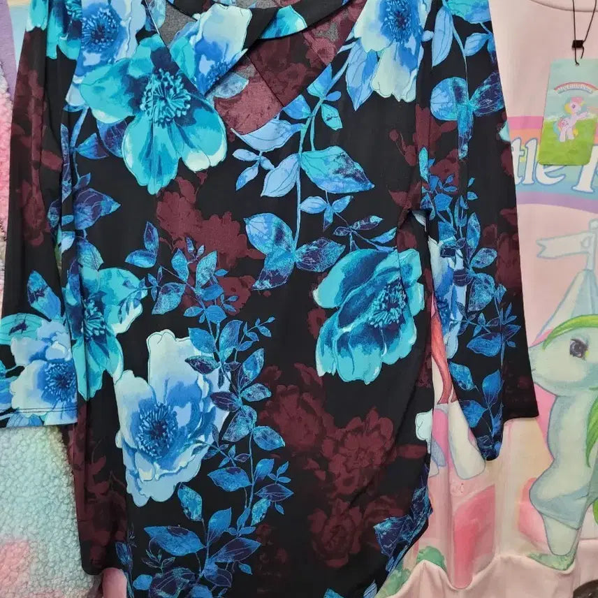 [BUNJANG] Blue Floral Pattern Long Sleeve Top - US Brand M / 블루 플로럴 패턴 넥트임 긴팔 수입 미국브랜드 m